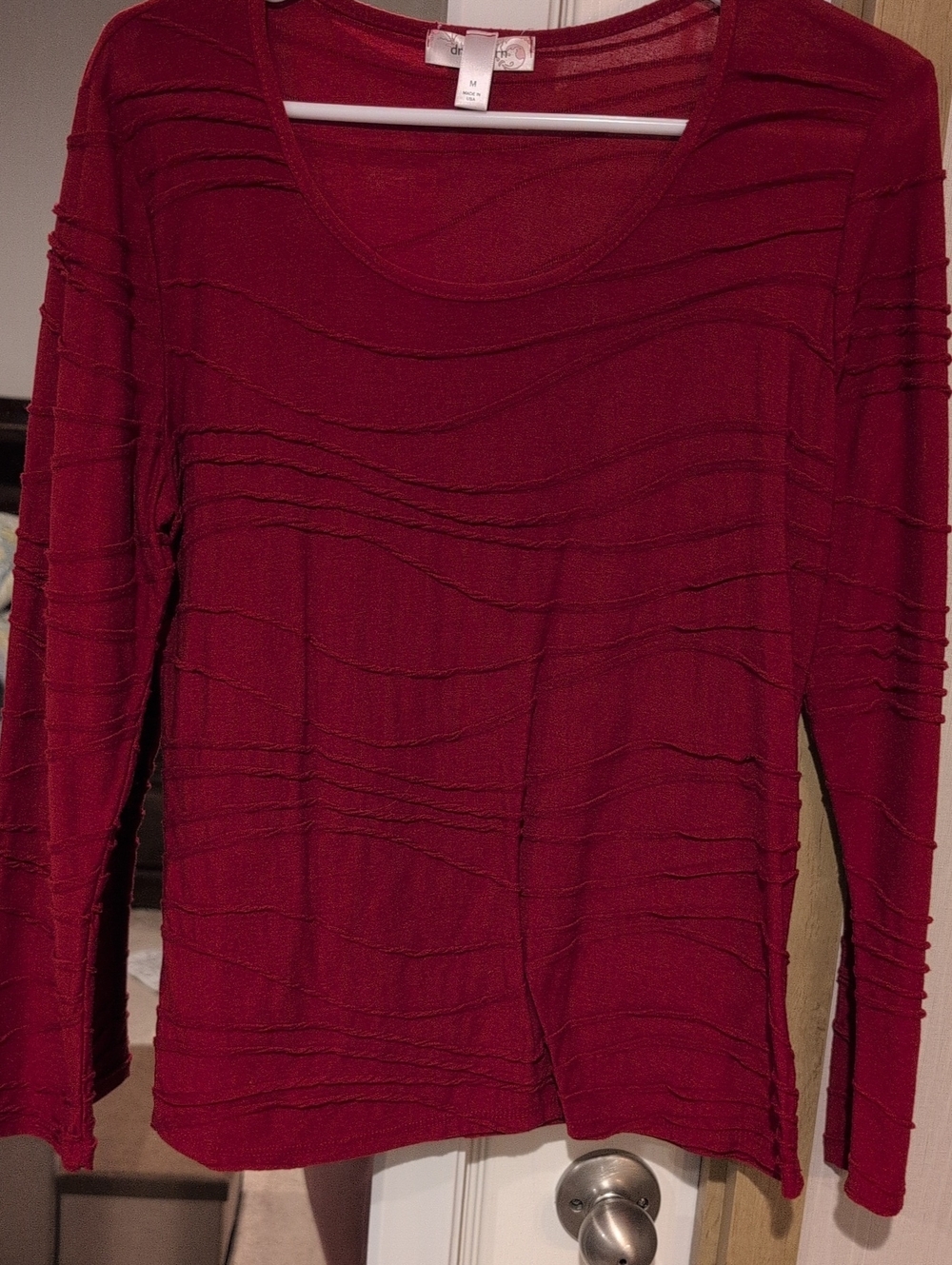 dressbarn Red Long Sleeve Textured Scoop Neck Top